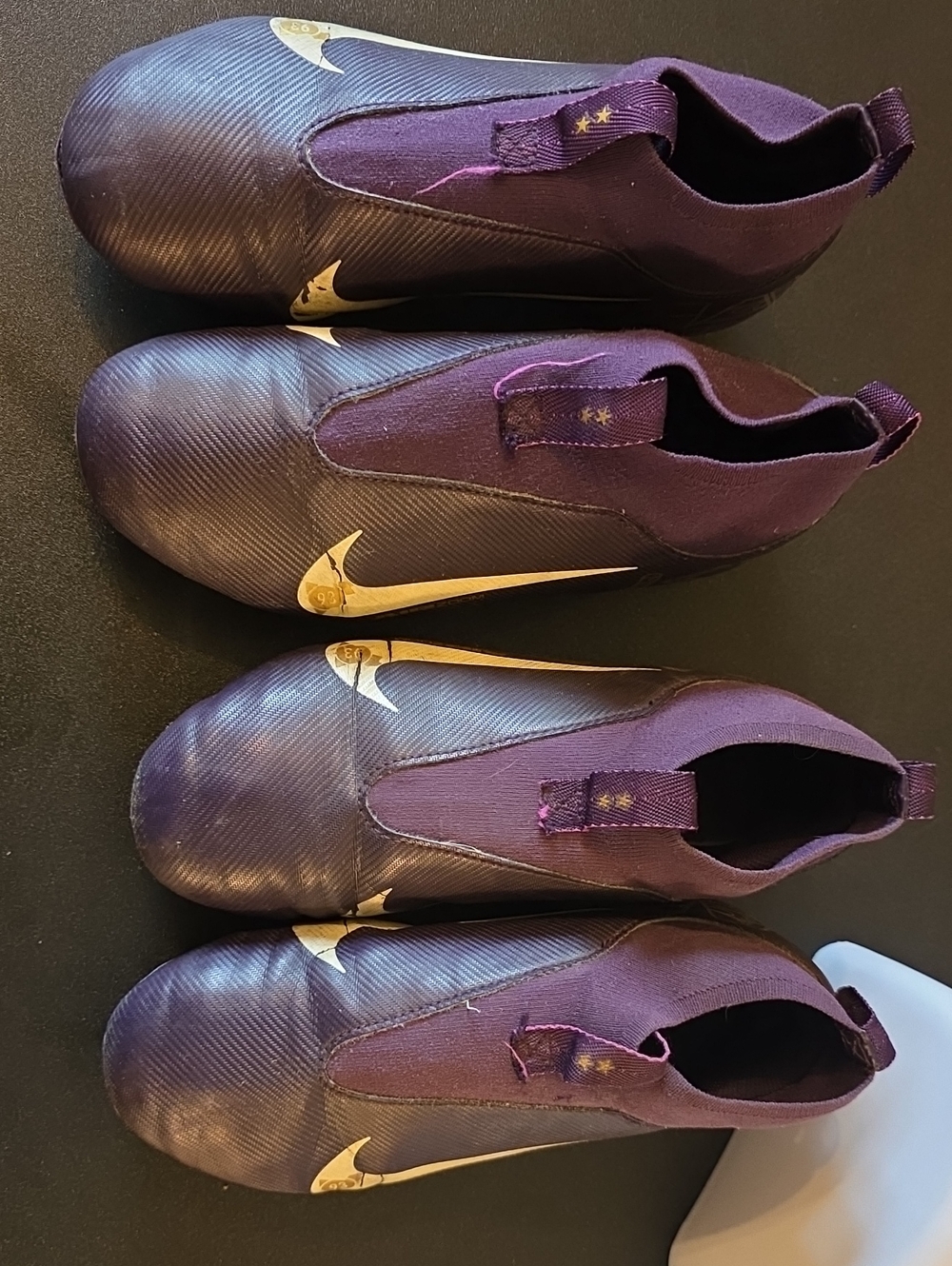 Nike Laceless Soccer Shoes in Purple with Gold Swoosh US 3 2 Pairs